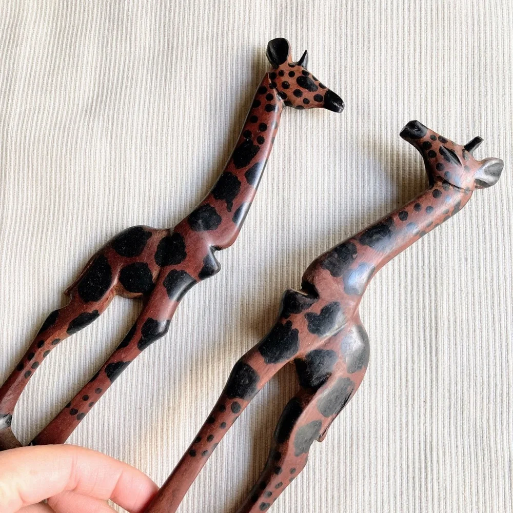 Vintage Hand Carved African Wooden Giraffe Salad Fork Spoon Serving Utensils Set